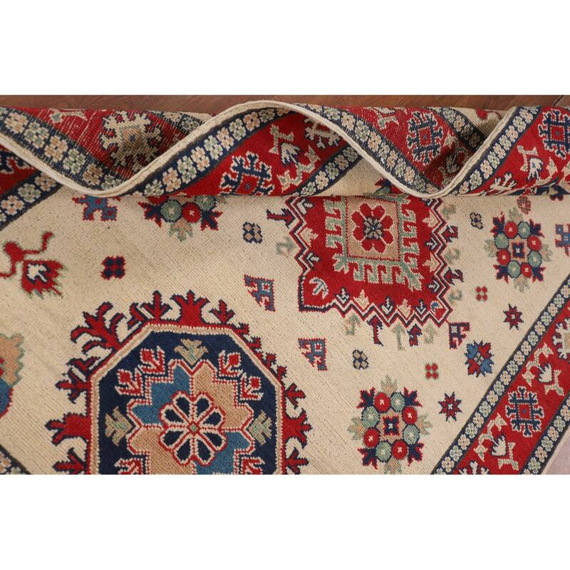 Geometric Ivory Kazak Accent Rug Hand-Knotted Wool Carpet - 3'11" x 5'11"