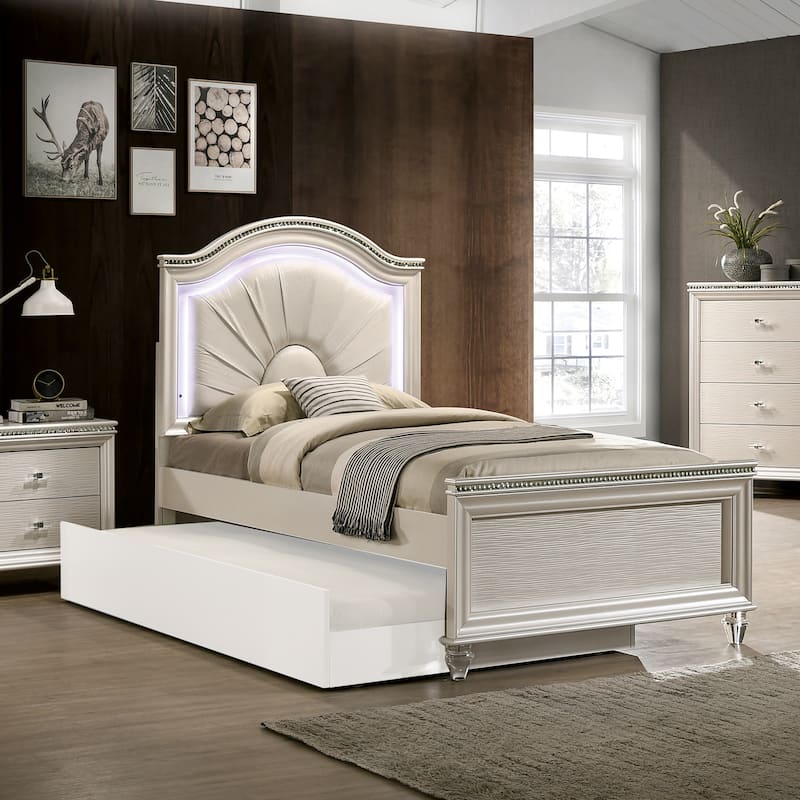 Full Size Bed with Padded Leatherette Headboard in Pearl White