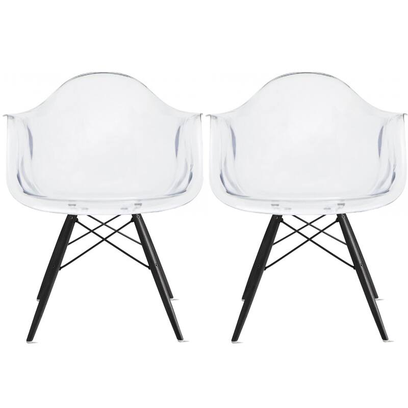 Set of 2 Clear Modern Designer Acrylic Plastic Chair With Arms Armchairs Dining Silver Solid Chrome Office - Black Base