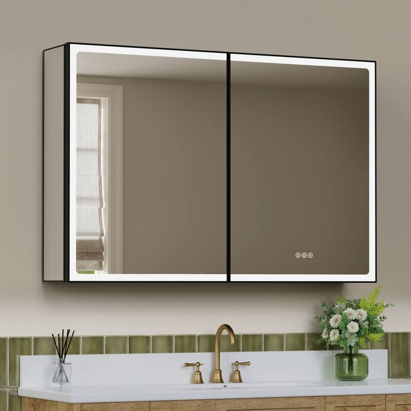 Grand Aluminum Medicine Cabinet with Mirror, Adjustable Shelves, Dimmable Light, Anti-Fog, Recessed or Wall Mount - 36"W x 32"H