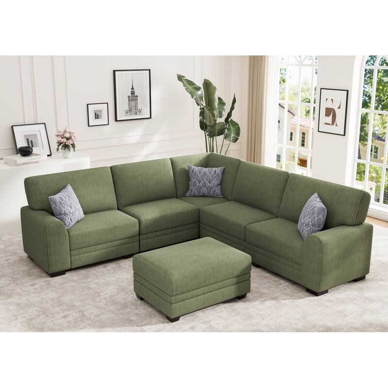 6 Piece Modular Corduroy Sectional With Ottoman - Olive
