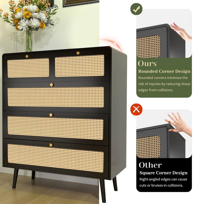 4 Drawer Modern Rattan Dresser Chest w/ Wide Drawers and Metal Handles