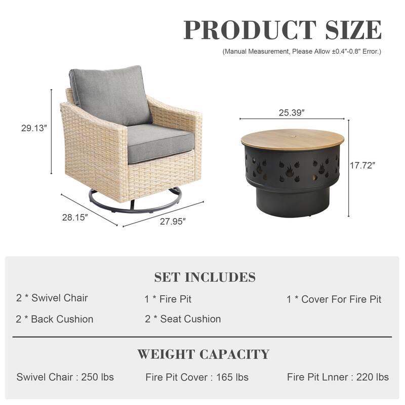 HOOOWOOO Outdoor 3-piece Rattan Wicker Swivel Rocking Chair Set with Wood Burning Fire Pit