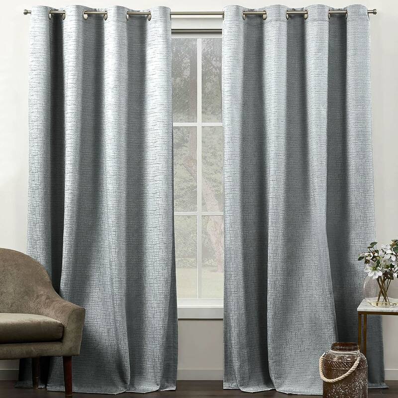108" Long - 2 Piece Dark Grey Solid Silky Geometric Embossed Blackout Grommet Window Curtain Panel Set - 104" x 108"