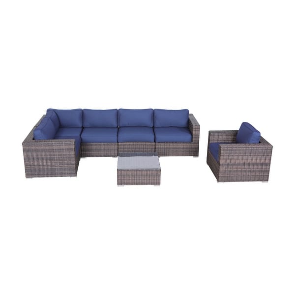 slide 2 of 10, LSI 7 Piece Rattan Sunbrella Sectional Seating Group with Cushions Navy Blue
