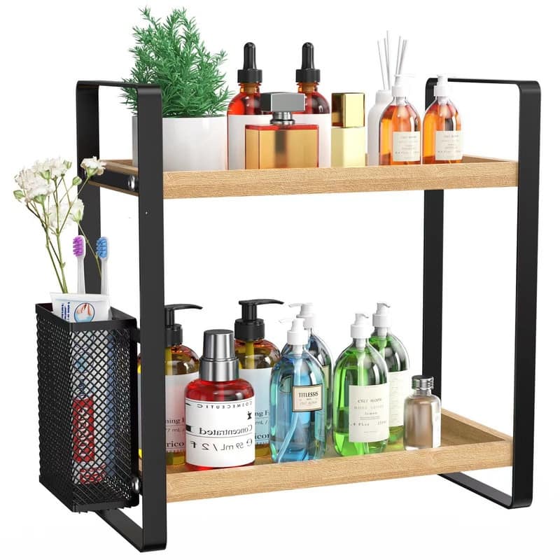 Bathroom Counter Organizer with Basket - 7"D x 13.5"W x 13"H - Brown