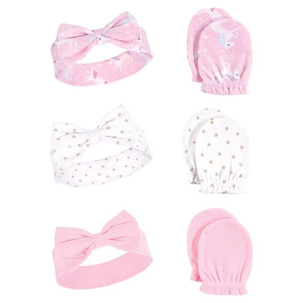 slide 1 of 1, Hudson Baby Infant Girl Cotton Headband and Scratch Mitten 6pc Set, Unicorn, 0-6 Months - Unicorn Unicorn - 0-6 Months