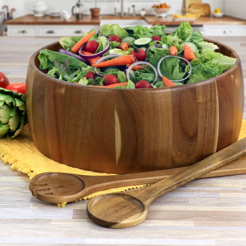 Arcata 3 Piece Acacia Wood Round Serving Bowl and Spoon Set in Brown