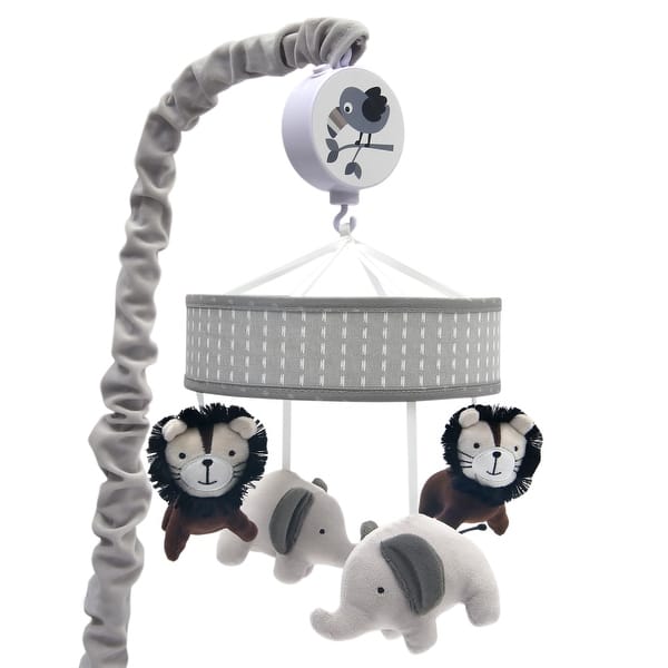 slide 2 of 4, Lambs & Ivy Urban Jungle Gray/Brown Lion & Elephant Musical Baby Crib Mobile