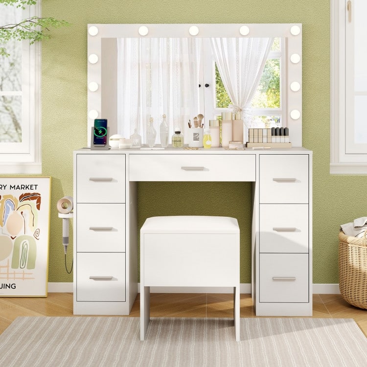White Vanity Set with LED Lighted Mirror Charging Station, Storage and Modern Design - 43.5" x 16" x 53"