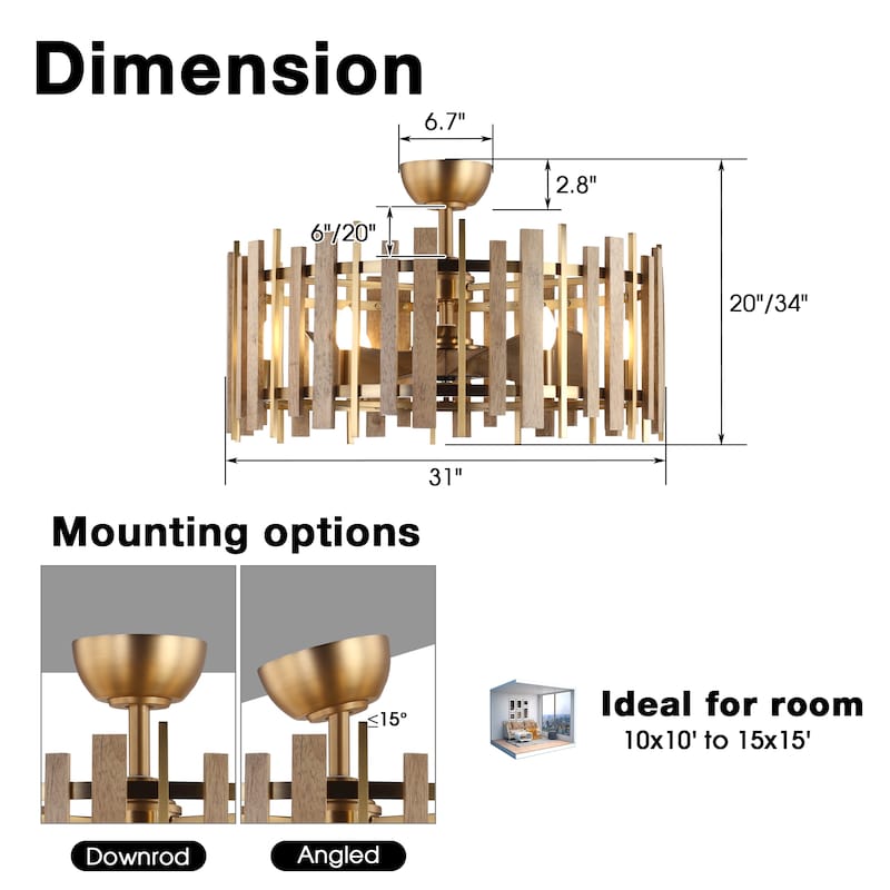 Perimost 31" Farmhouse Wood Dimmable Caged Ceiling Fan with Light Kit and Remote