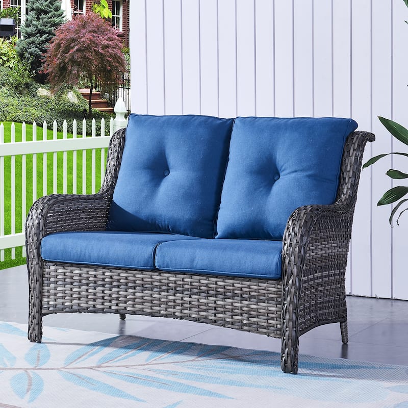 Pocassy Outdoor Loveseat Sofa 2-Seat PE Rattan - Grey - Blue