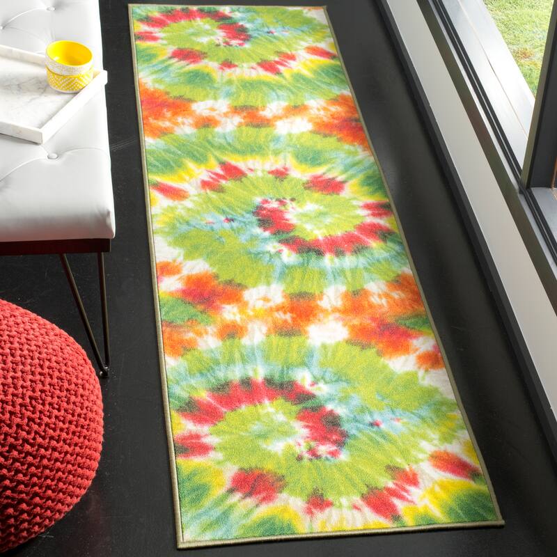 SAFAVIEH Paint Brush Machine Washable Slip Resistant Ameetha Rug - 2'2" x 8' Runner - Green/Orange