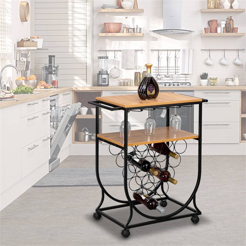 Vintage Industrial Metal and Wood Wheeled Wine Rack Cart