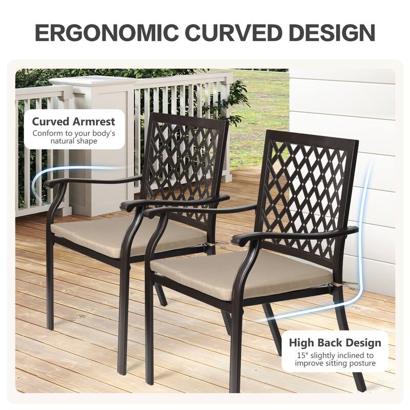 Aoodor Outdoor Patio Metal Stackable Dining Chairs 2-Piece Set with Curved Armrests and Strapped Seat Cushions
