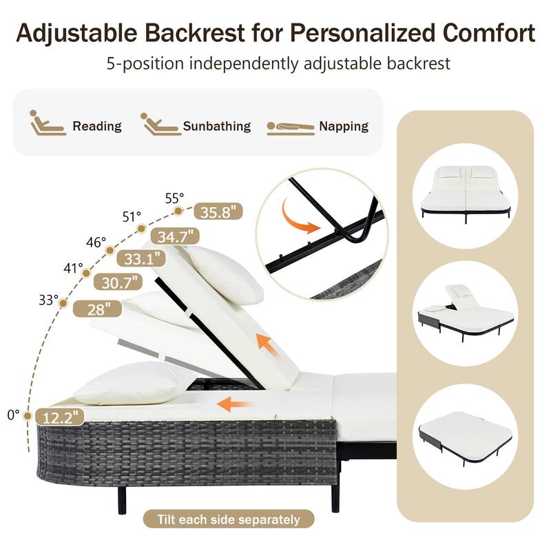 Stylish Patio Rattan Daybed with 5-Position Adjustable Backrest & Removable Cushions and Pillows