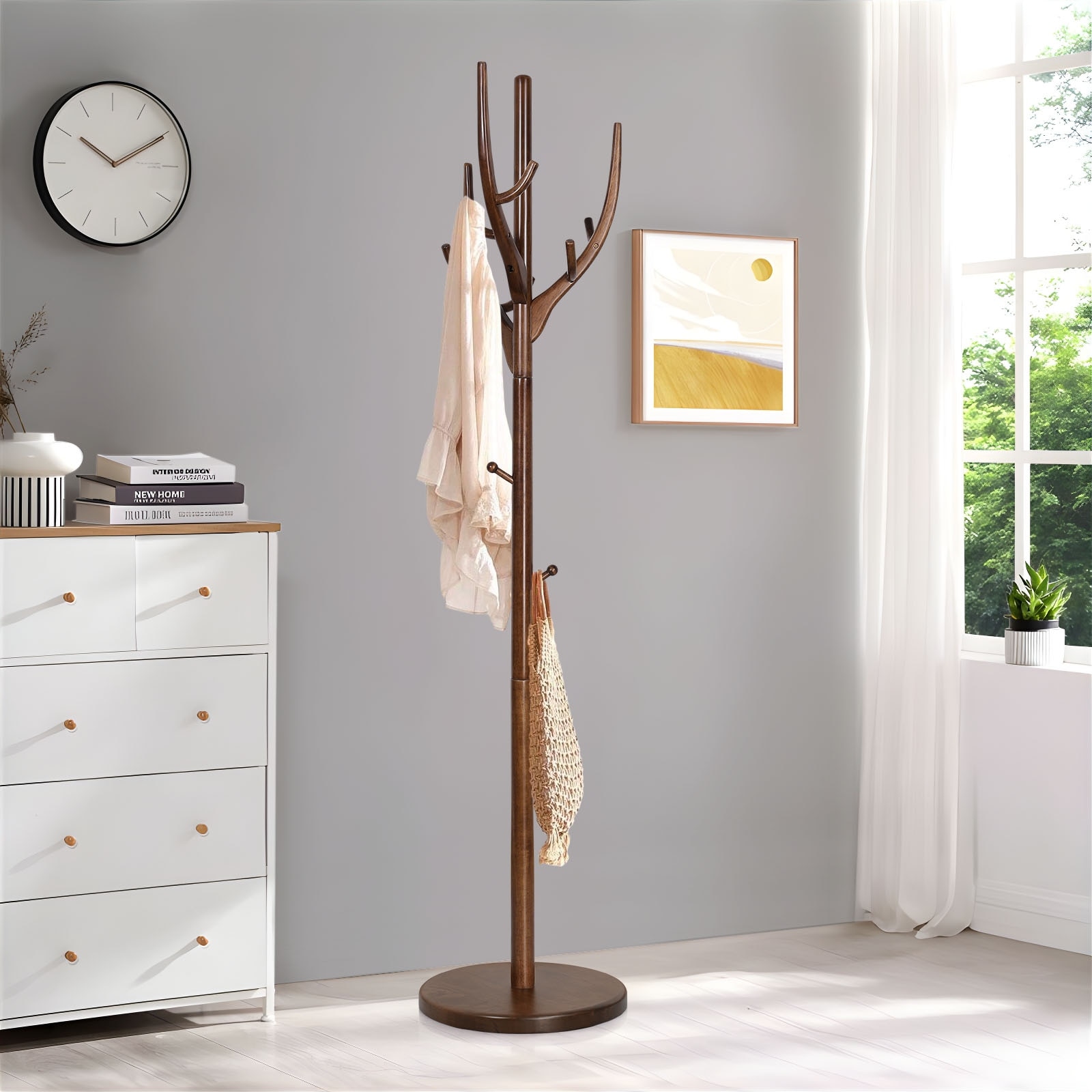 Adjustable Freestanding Coat Rack, Rubberwood Coat Tree Stand - 16.54"Dia. x 71.65"H