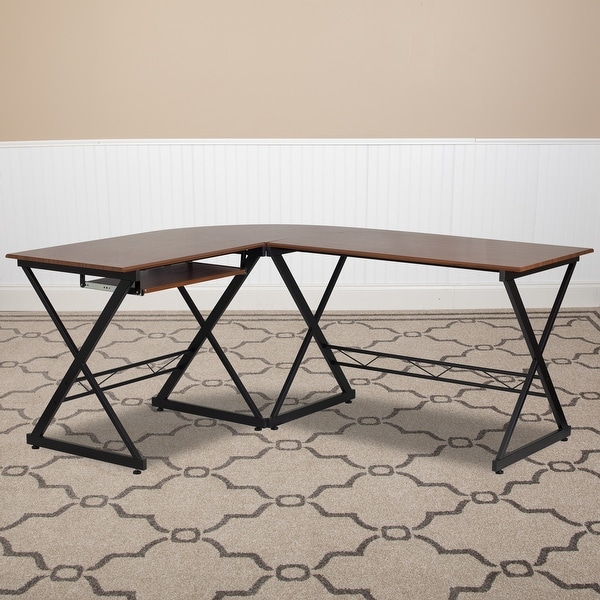 Teakwood Laminate L-Shape Computer Desk with Pull-Out Keyboard Tray. Opens flyout.
