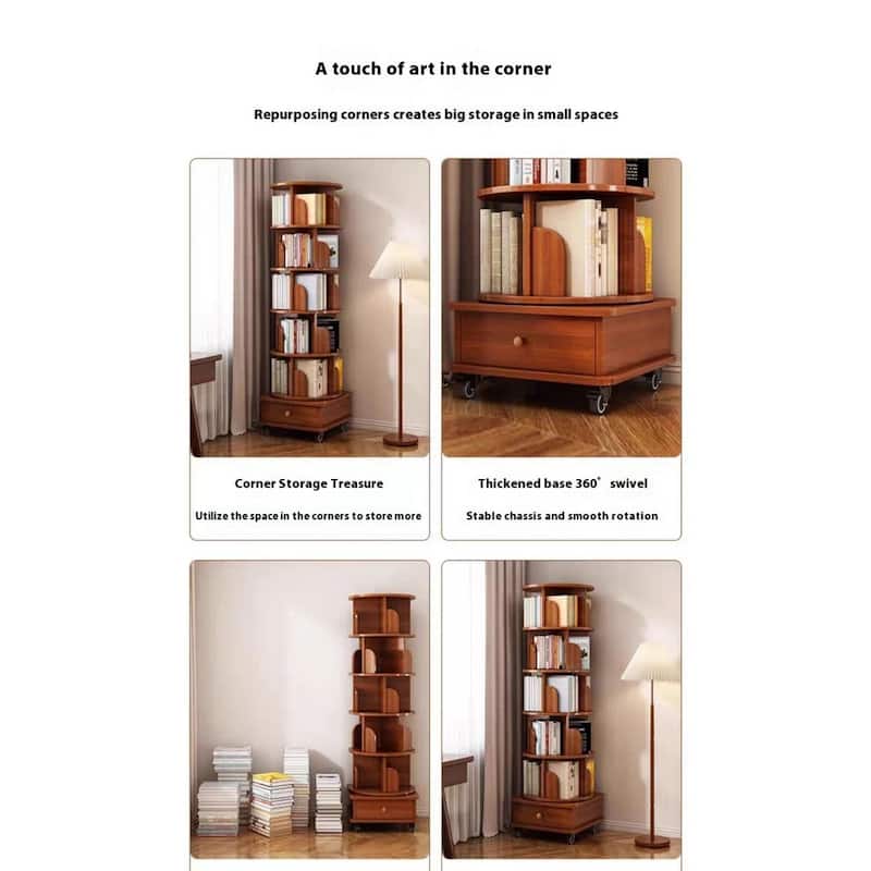 Anmytek 360 Rotating Corner Bookshelf with Wheels Space Saving Storage for Small Rooms
