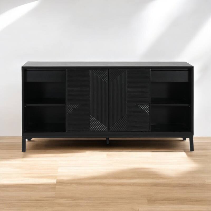 Modern Geometric Accent Cabinet with Sliding Doors and Two Drawers, High-Quality Wood Veneer Top, Sturdy MDF Construction