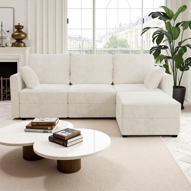 L-Shaped 3-Seater Sectional Sofa with Storage Ottoman - Beige
