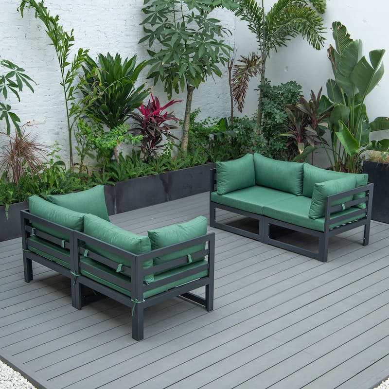 LeisureMod Chelsea 4-Piece Outdoor Patio Sectional Loveseat Set Black Aluminum with Cushions