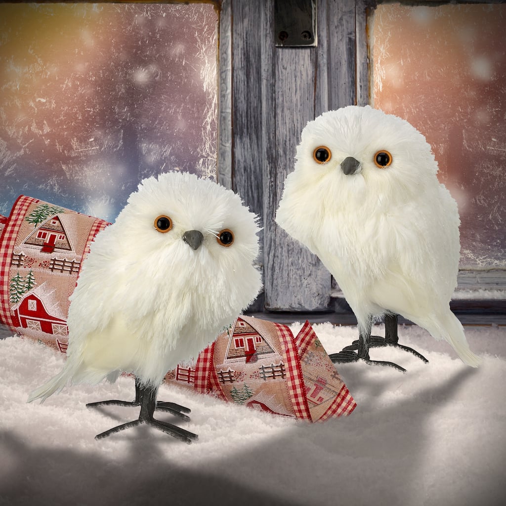 6.7" Feather White Owl Set of 2