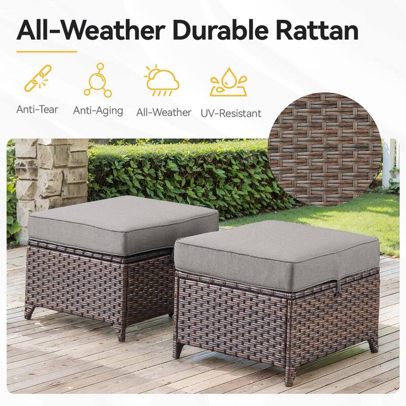 2 Pieces Patio Rattan Ottomans with cushions