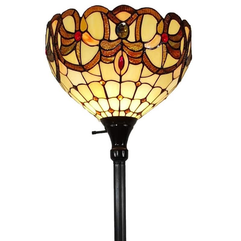 Beige Metal Torchiere Floor Lamp with Red White Stained Glass Shade - 12” x 12” x 62” (D x W x H)