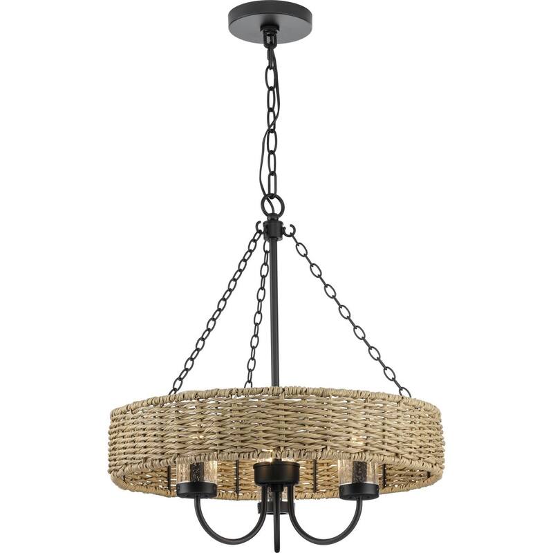 Pembroke Collection 3-Light 21.5 in. Matte Black Outdoor Pendant with Mocha Rattan Accents and Seeded Glass Shades - Large