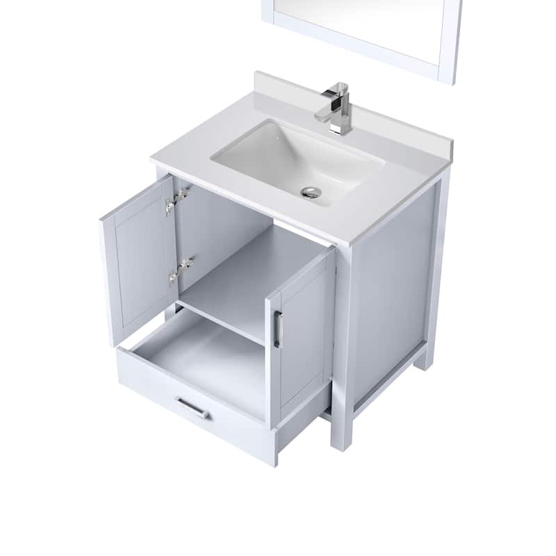 Jacques White Bath Vanity, Cultured Marble Top, Faucet Set and Mirror