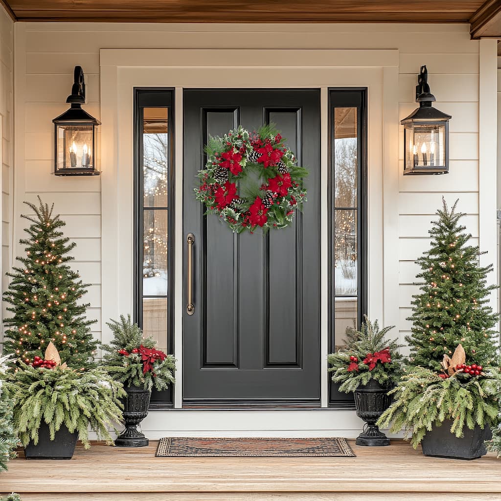 Poinsettia and Pinecone Mixed Pine Artificial Christmas Wreath - 30" - Unlit