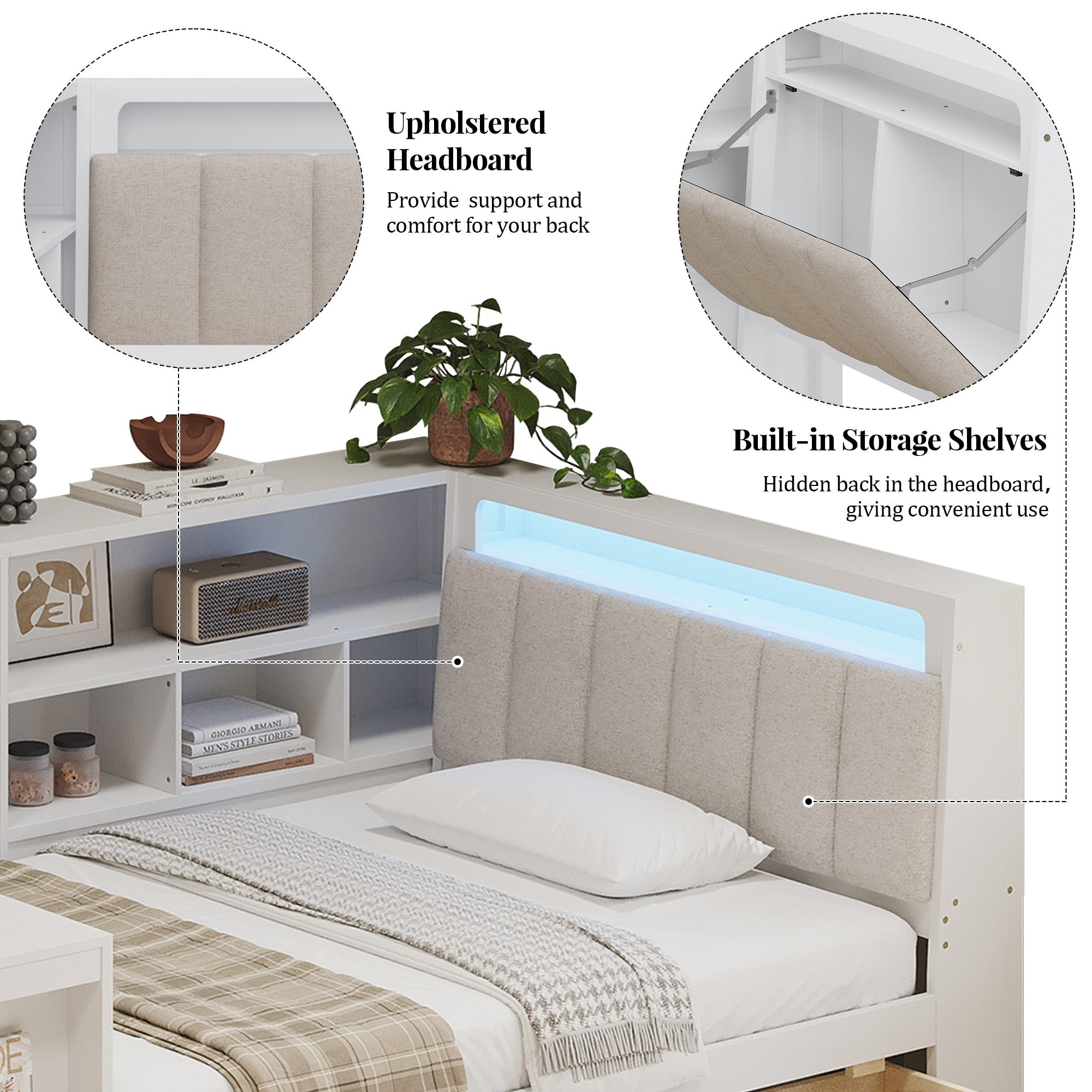 L-shaped Wooden Daybed with Desk and Bookcase, Corner Captains Bed with Upholstered Headboard, Underbed Drawers, LED Light