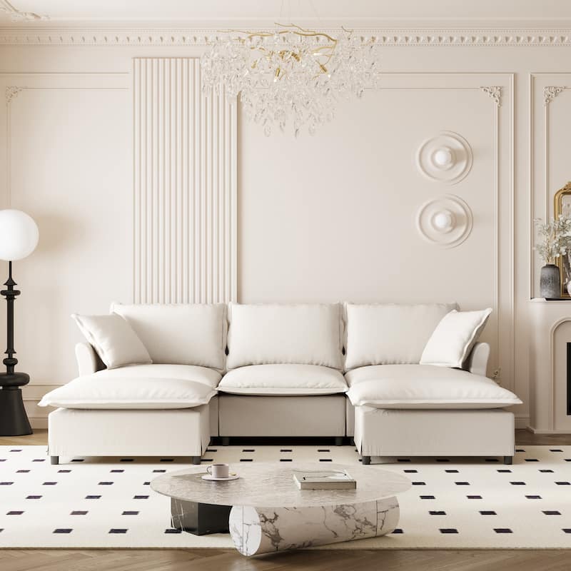 94" Chenille U-Shaped Sectional Sofa with Ottoman & Pillows - Beige