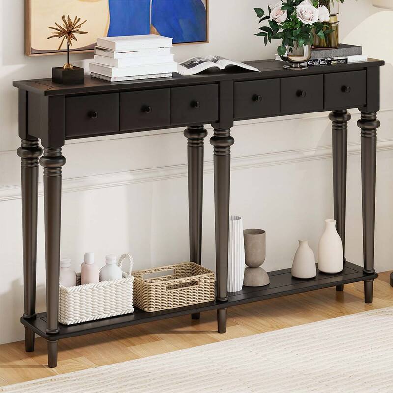 Retro Console Table with Open Shelf for Entryways,Living Rooms,and Hallways - Black