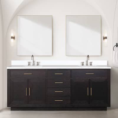 Abbey 60 in W x 22 in D Black Oak Double Bath Vanity, White Quartz Top, and 28 in Mirrors