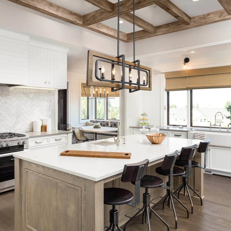 Farmhouse 6-Light Wood Rectangle Chandelier Island Lights for Dining Kitchen Island