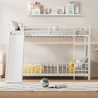 Twin over Twin Metal Bunk Bed w/Safety Full-Length Guardrail & Ladder