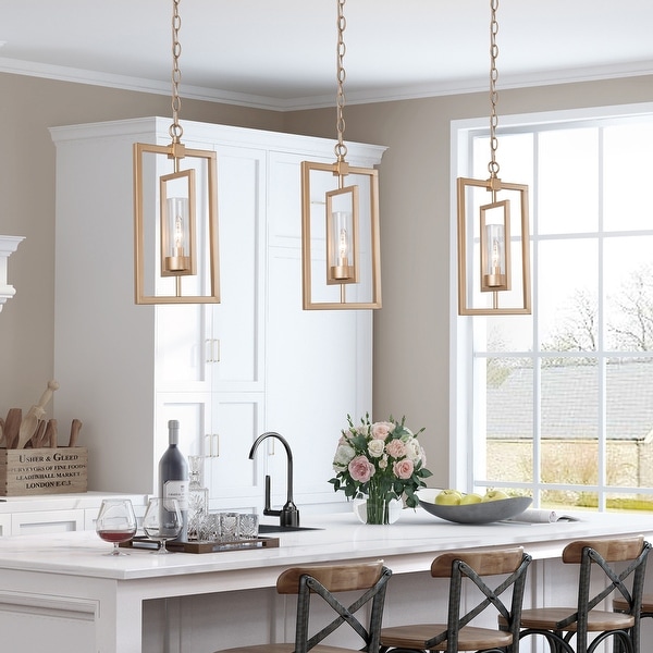 Modern Gold 1-light Glass Shade Pendant Lights for Kitchen Island Dining/ Living Room - L8.5" x W5" x H16". Opens flyout.