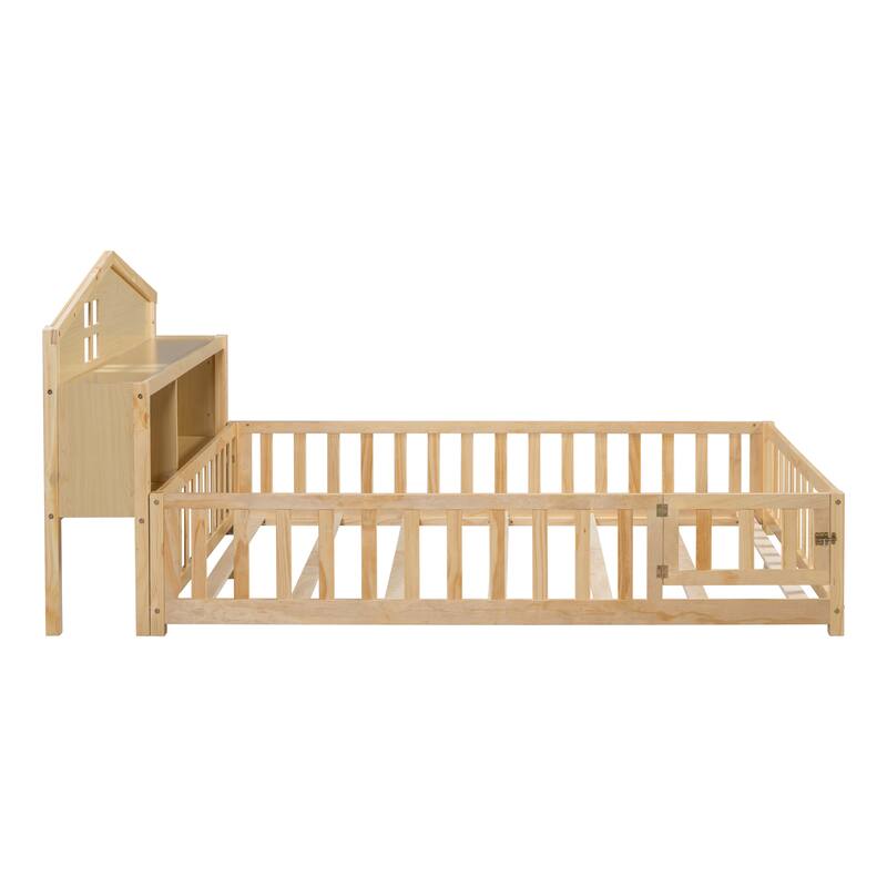 Full Size Plywood Montessori Floor Bed with Bookcases, Blackboards, Guard rails, Solid Wood Floor Beds and Storage Headboards