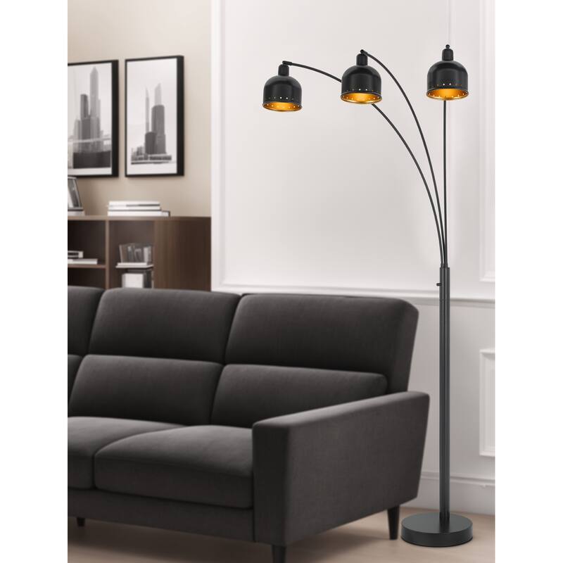 60W x 3, 3 way Ellington arc floor lamp with metal gold tone shades and heavy weighted base - One Size