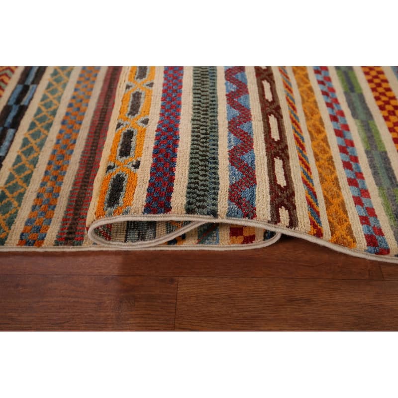 All-Over Striped Kazak Oriental Area Rug Hand-Knotted Wool Carpet - 3'11" x 5'11"