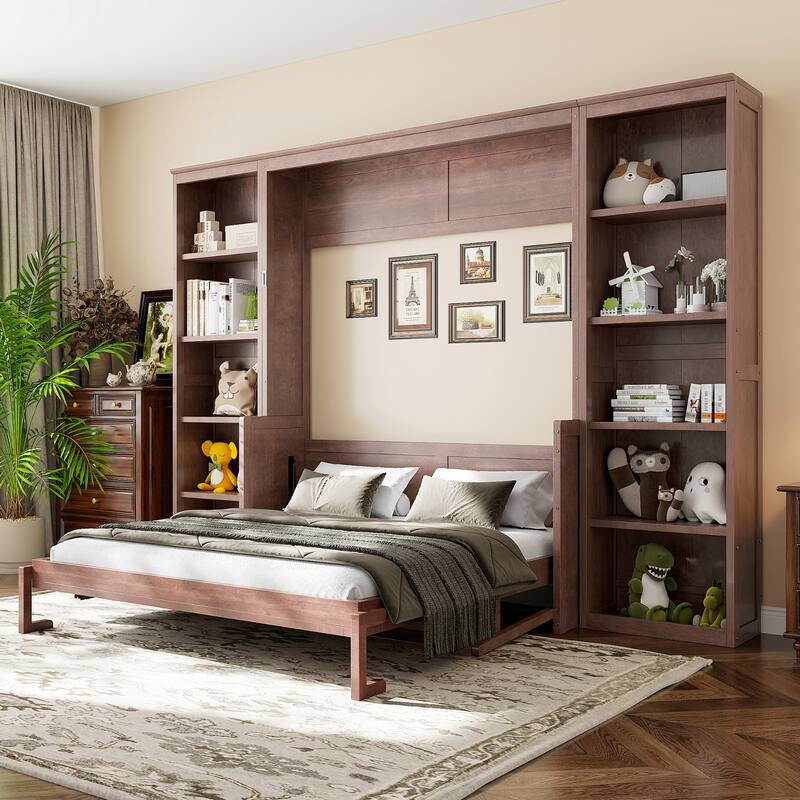 Roomfitters Full/Queen Size Murphy Bed with Desk and Bookshelf Storage, Space Saving, Dark Brown
