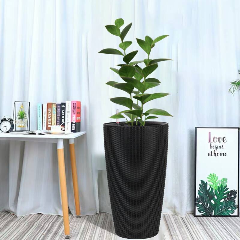 Faux Rattan Tall Planters Set of 2, Large Planters with Water Level Monitor Inner Bucket