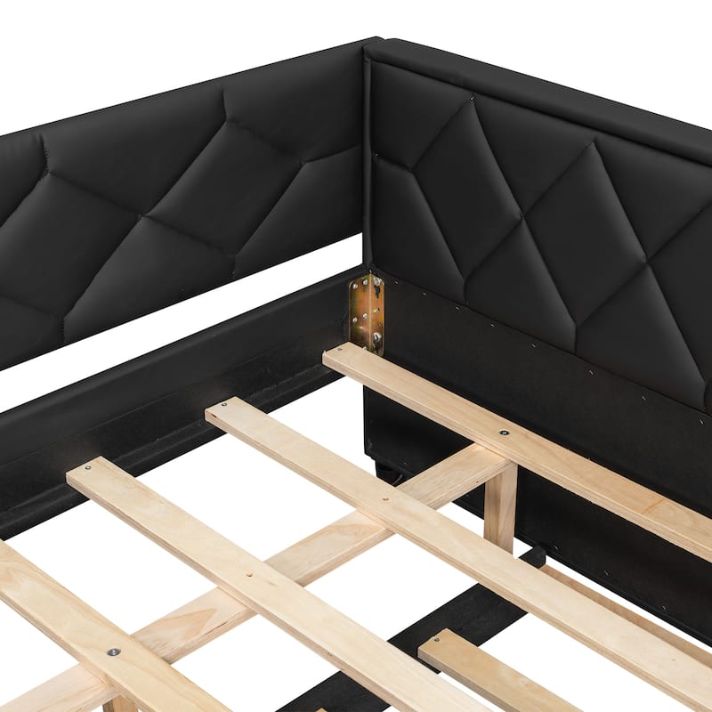 Full XL Size Upholstered Daybed with Trundle Bed and LED Armrests, Rhombic Blocks Frame Sofa Bed, U-shape Bed Frame