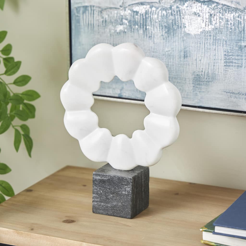 White Marble Floral Inspired Ring Geometric Decorative Sculpture with Black Block Base