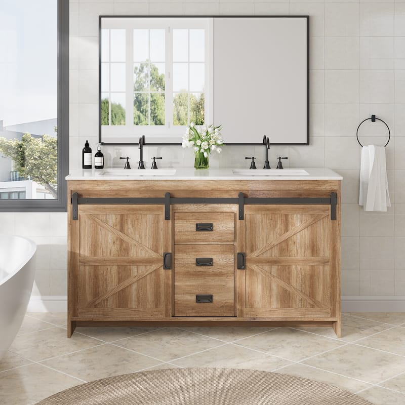 EROMMY Farmhouse Bathroom Vanity with Ceramic Top and Sliding Barn Door Sink Cabinet