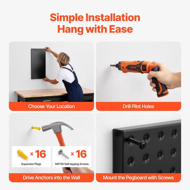 Black Steel Pegboard Panel, Wall Mount for Garage Tool Storage