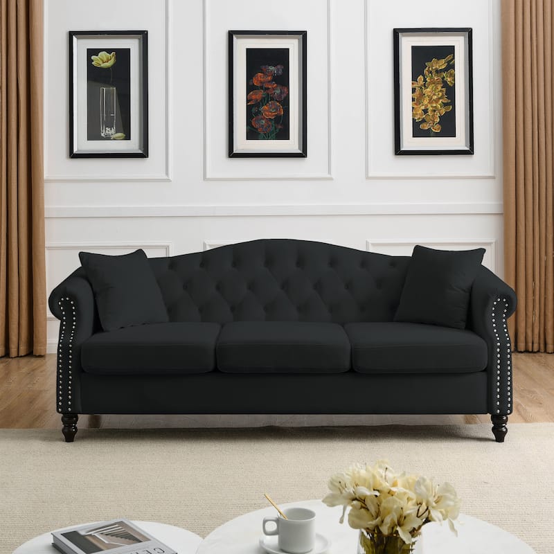 Classic Chesterfield 3-Seater Velvet Sofa with Nailhead Trim and Two Pillows, Ideal for Living Room, Bedroom, or Apartment