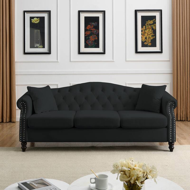 Luxury Black Velvet Upholstered Sofa Button Tufted Couch Solid Wood Frame Sofa with Nailhead Armrests and Removable Cushions